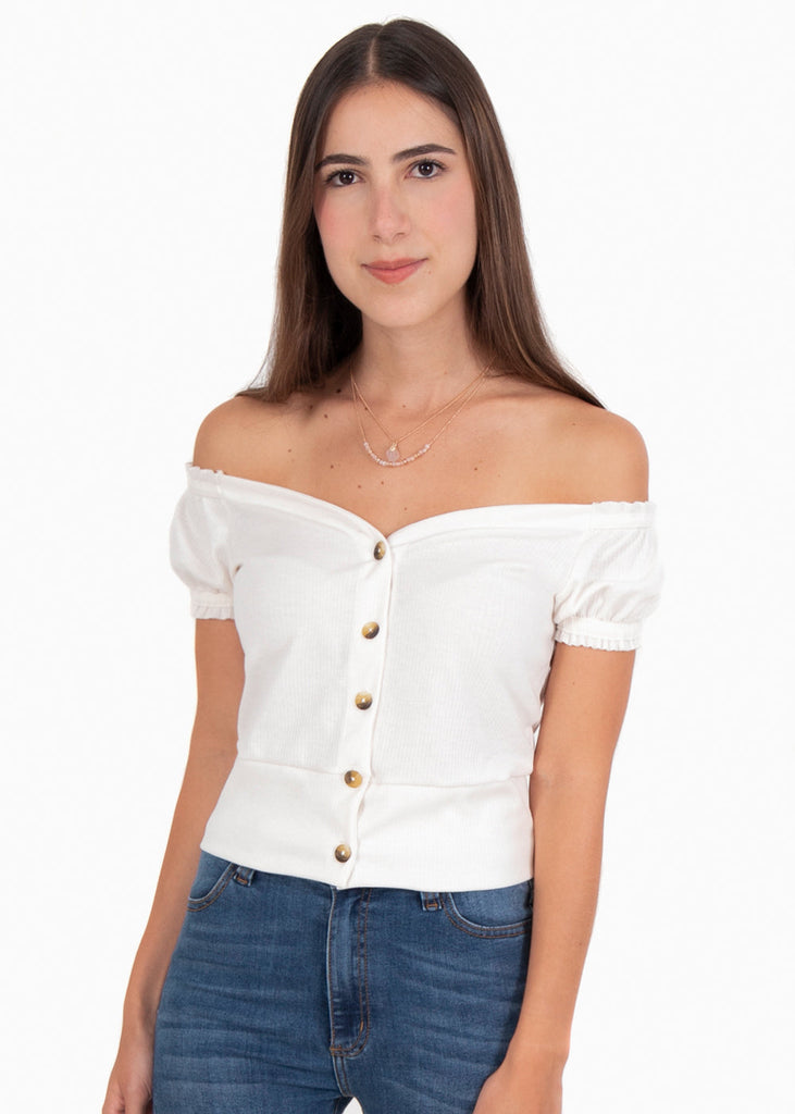 Blusa off shoulder recogido en manga para mujer - Flashy