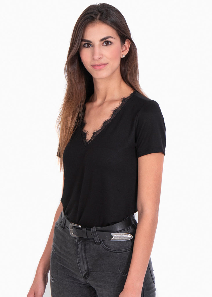 Camiseta cuello en V con encaje para mujer - Flashy