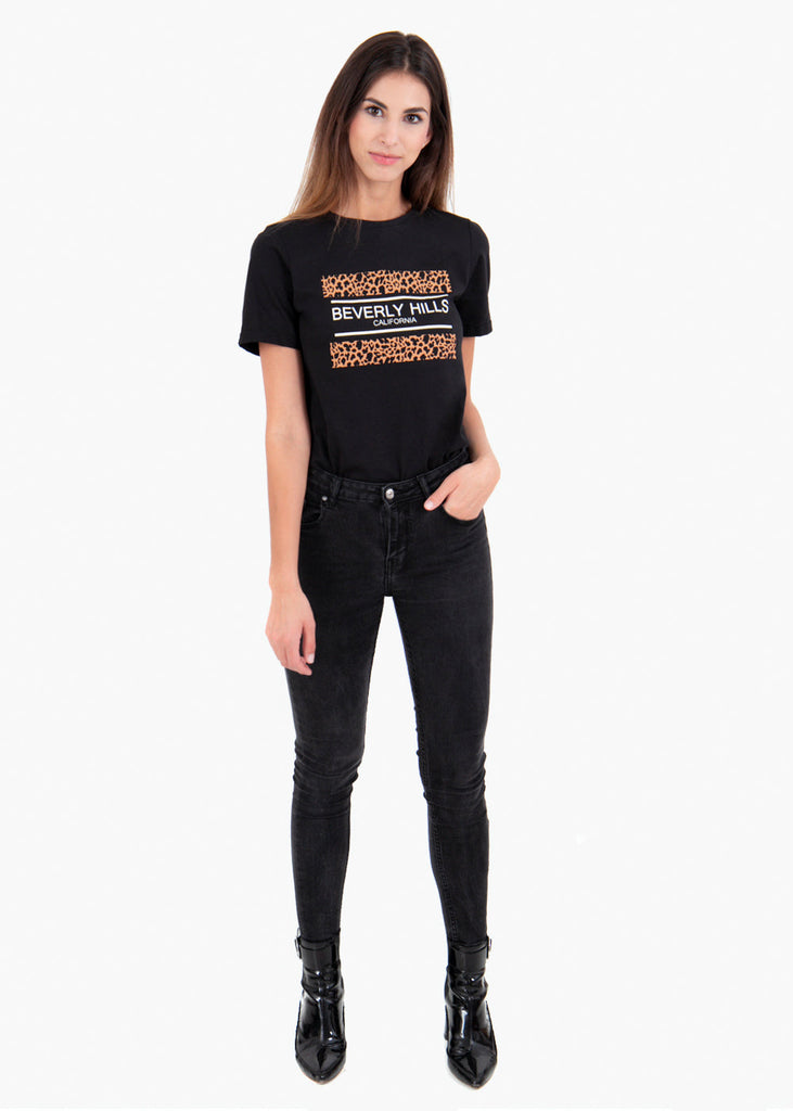 Camiseta color negro estampada " Beverly Hills" para mujer flashy