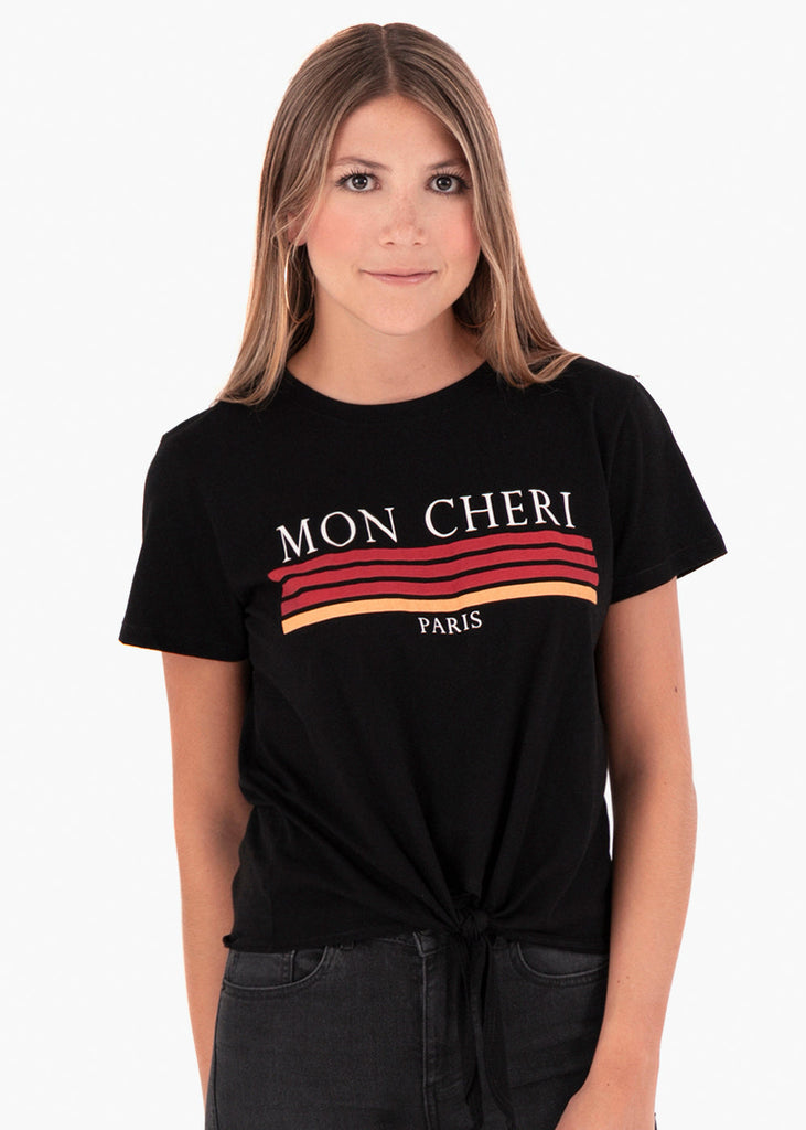 Camiseta color negro estampada "Mon Cherie" para mujer flashy