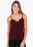Blusa color vinotinto de tiras, cuello en v con encaje para mujer flashy