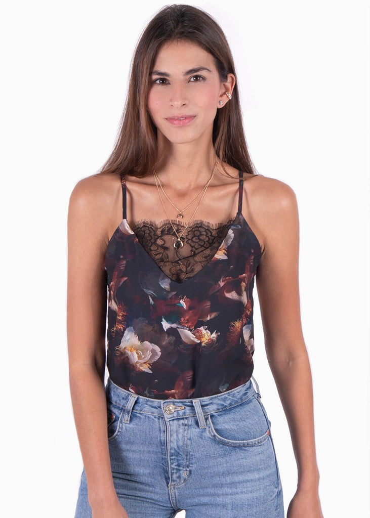 Blusa con estampado de flores y encaje en escote para mujer - Flashy