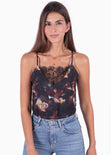 Blusa con estampado de flores y encaje en escote para mujer - Flashy