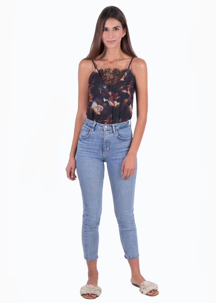 Blusa con estampado de flores y encaje en escote para mujer - Flashy