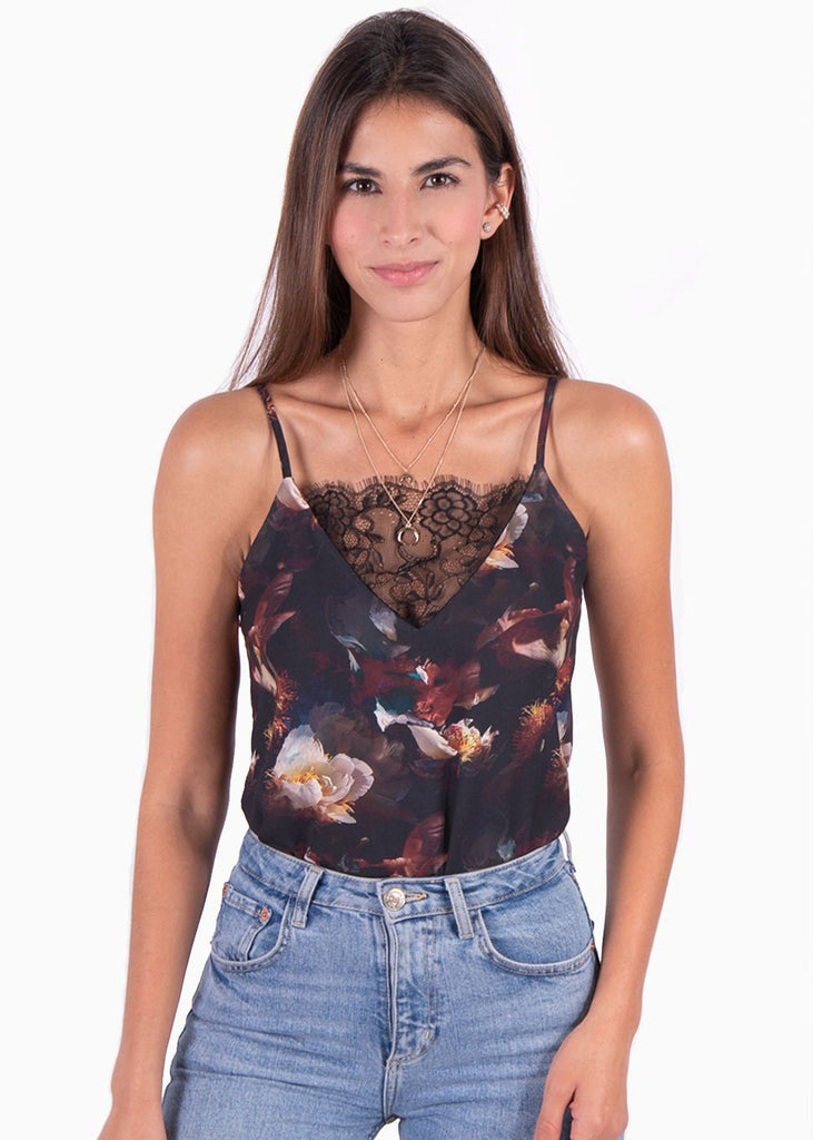 Blusa con estampado de flores y encaje en escote para mujer - Flashy