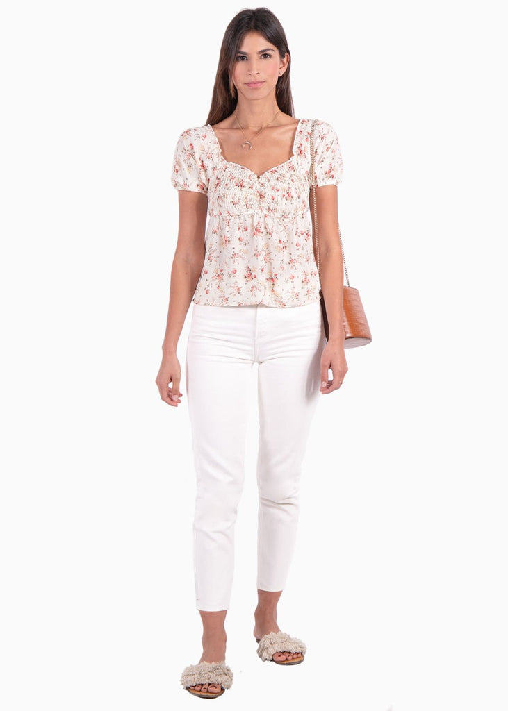 Blusa con estampado de flores y mangas embombadas para mujer - Flashy