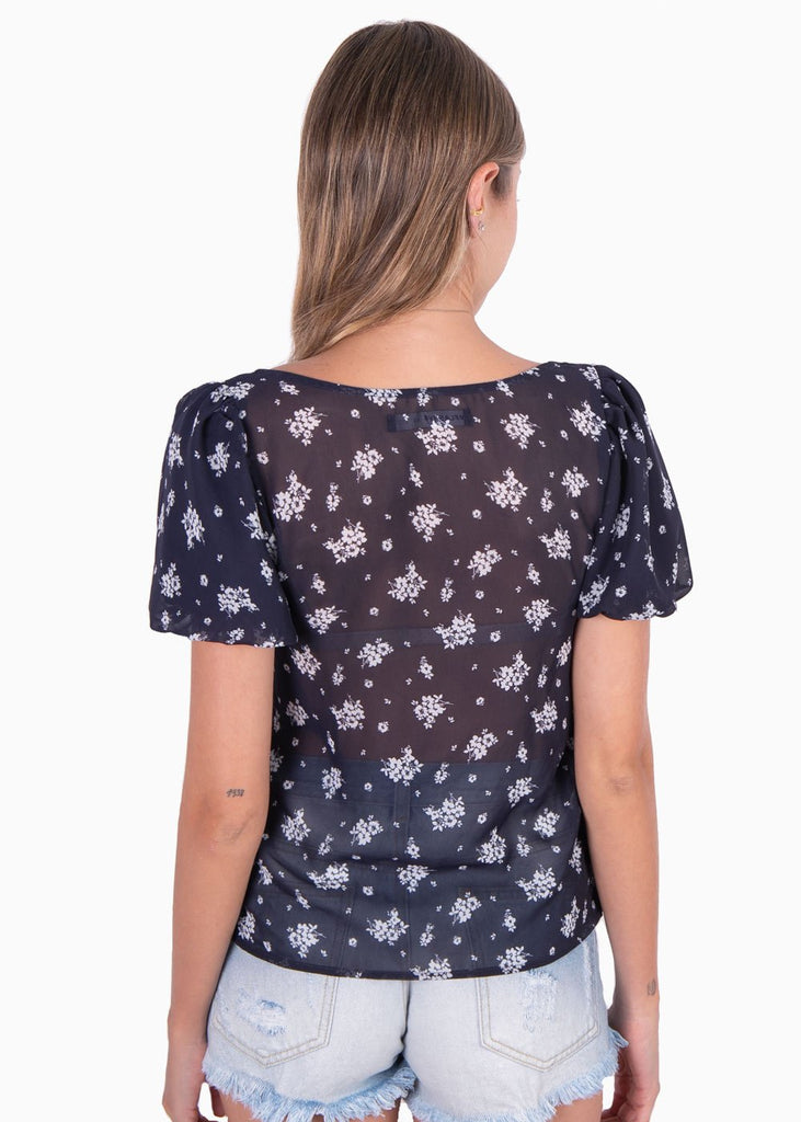 Blusa con estampado de flores y mangas embombadas para mujer - Flashy