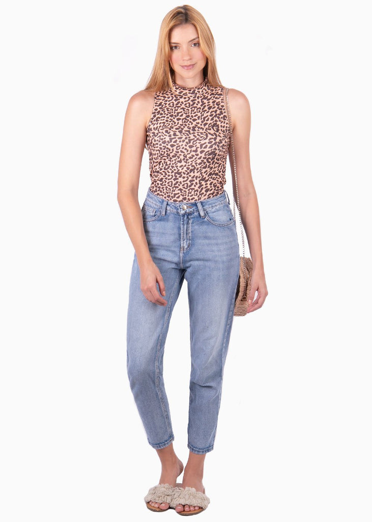 Blusa con estampado de leopardo cuello alto manga sisa para mujer - Flashy