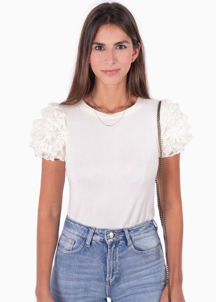Blusa con mangas embombadas de encaje para mujer - Flashy