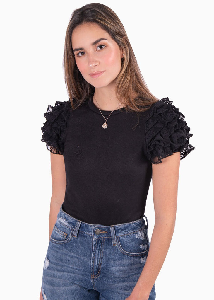 Blusa con mangas embombadas de encaje para mujer - Flashy