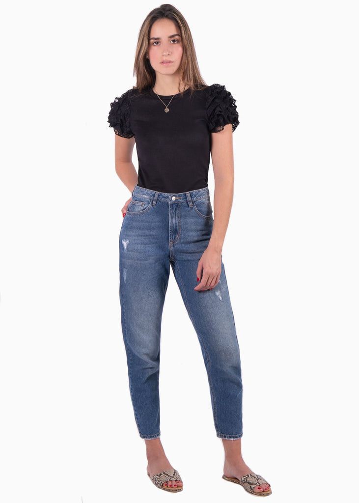 Blusa con mangas embombadas de encaje para mujer - Flashy