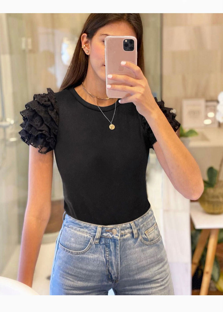 Blusa con mangas embombadas de encaje para mujer - Flashy