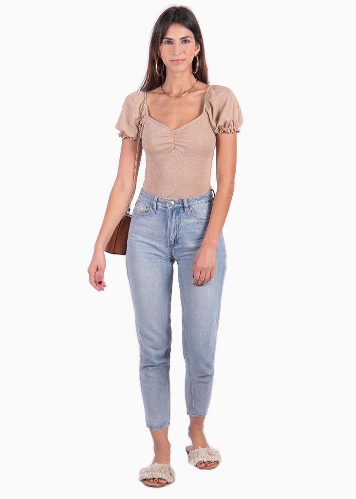 Blusa con recogido en escote y mangas embombadas para mujer - Flashy