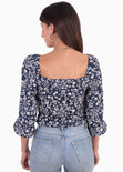 Blusa corta con estampado de flores y recogido en escote para mujer - Flashy