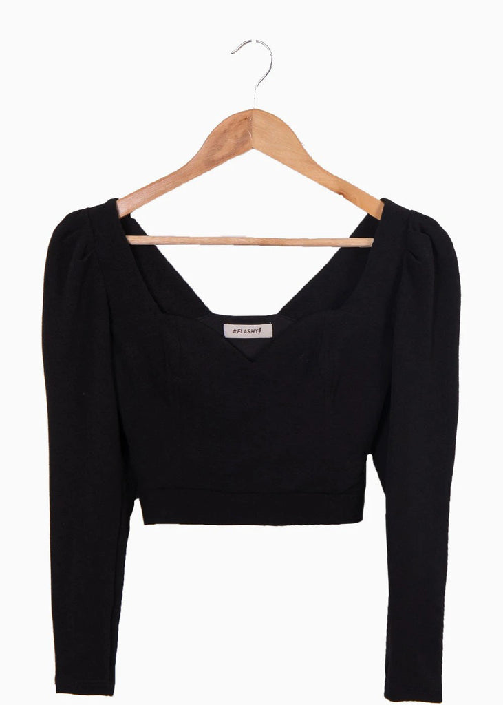 Blusa crop manga larga con escote cuadrado color negro para mujer - Flashy