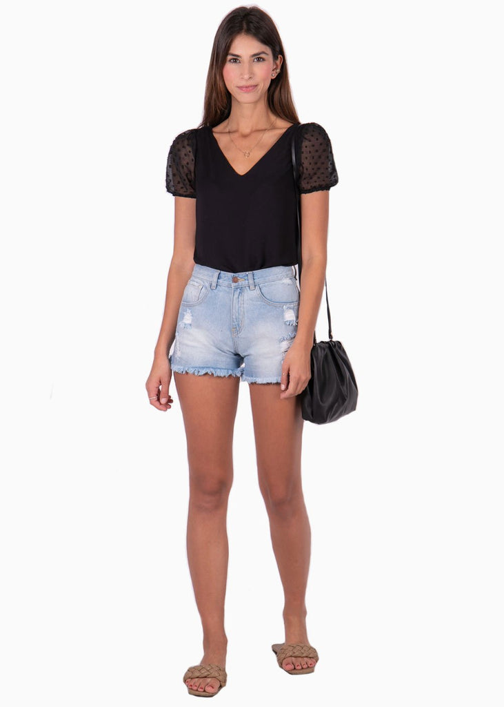 Blusa cuello en v con mangas de encaje para mujer - Flashy