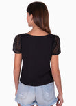 Blusa cuello en v con mangas de encaje para mujer - Flashy