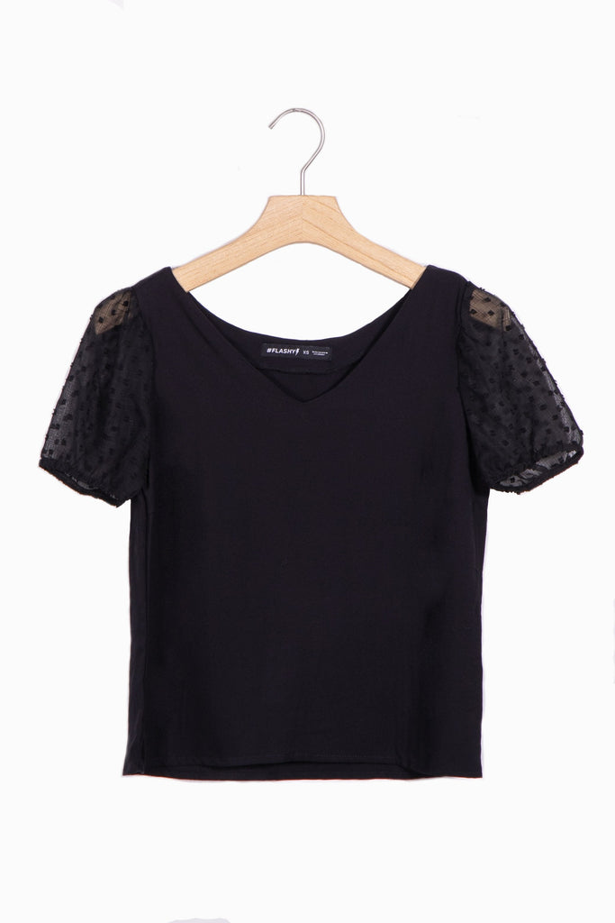 Blusa cuello en v con mangas de encaje para mujer - Flashy