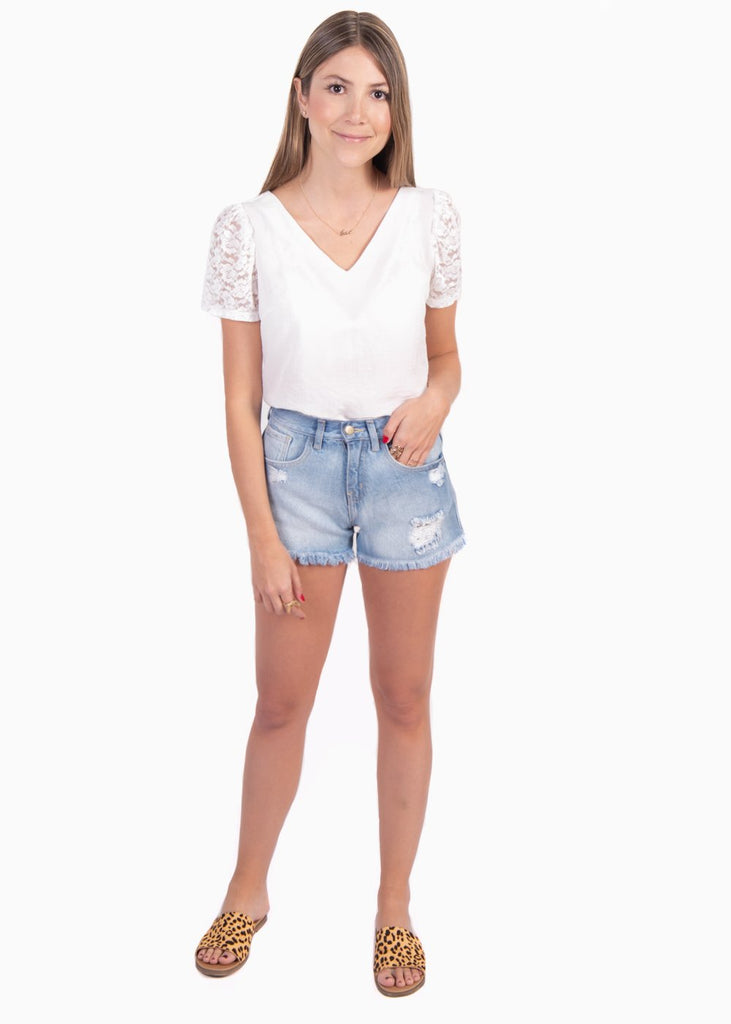Blusa cuello en v con mangas de encaje para mujer - Flashy