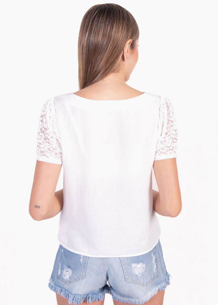 Blusa cuello en v con mangas de encaje para mujer - Flashy