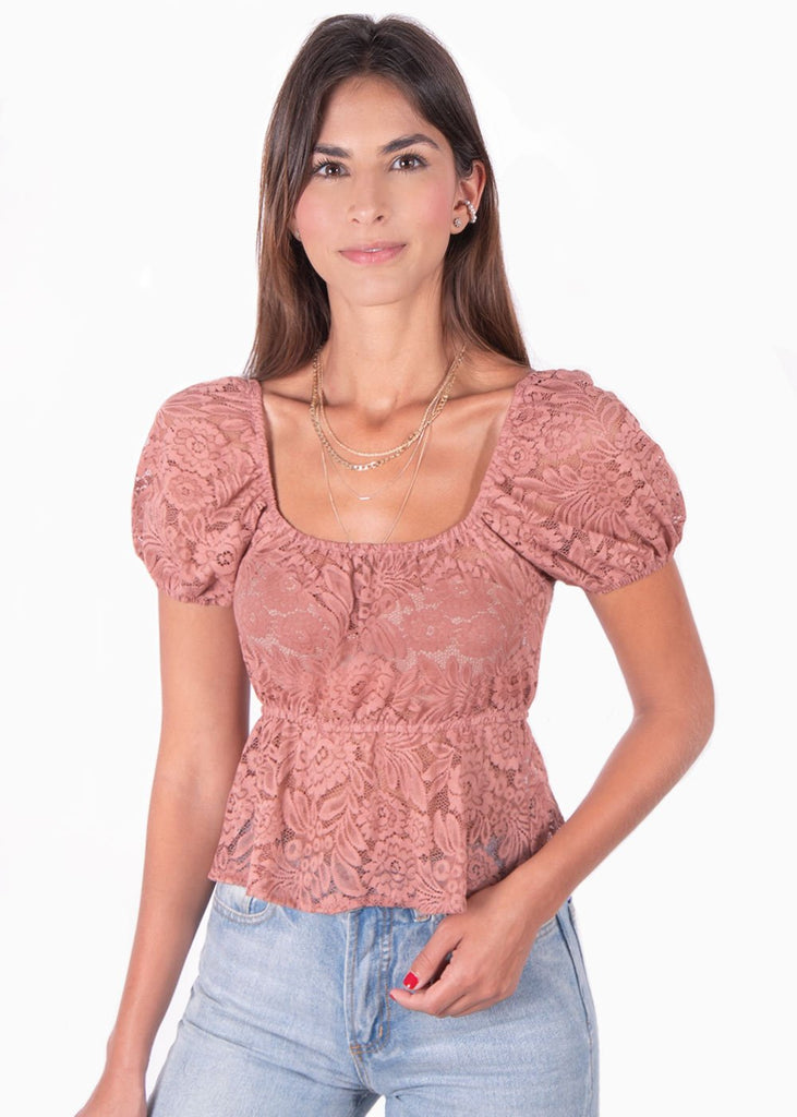 Blusa de encaje con mangas embombadas para mujer - Flashy