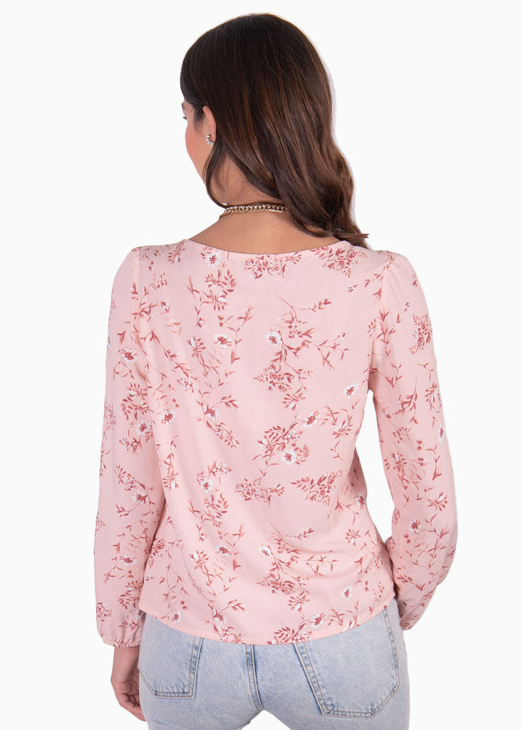 Blusa estampada de flores manga larga con anudado en escote color rosado para mujer - Flashy