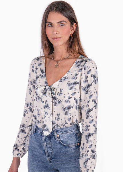 Blusa de flores manga larga con anudado en escote color blanco, marfil para mujer - Flashy
