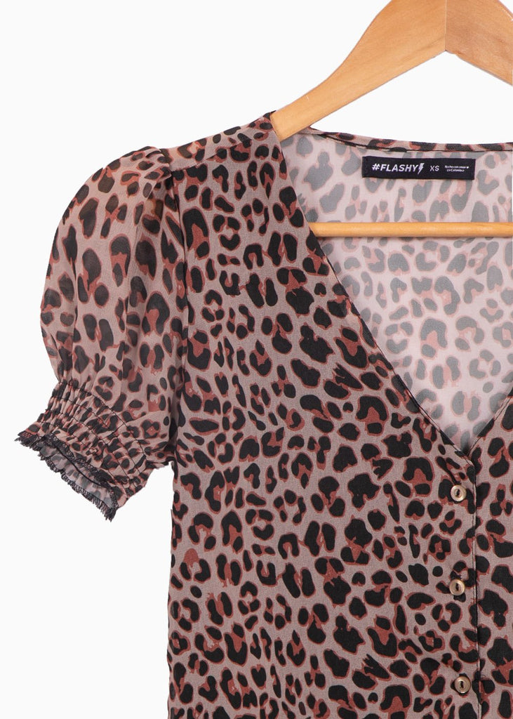 Blusa manga corta con botones y estampado animal print para mujer - Flashy