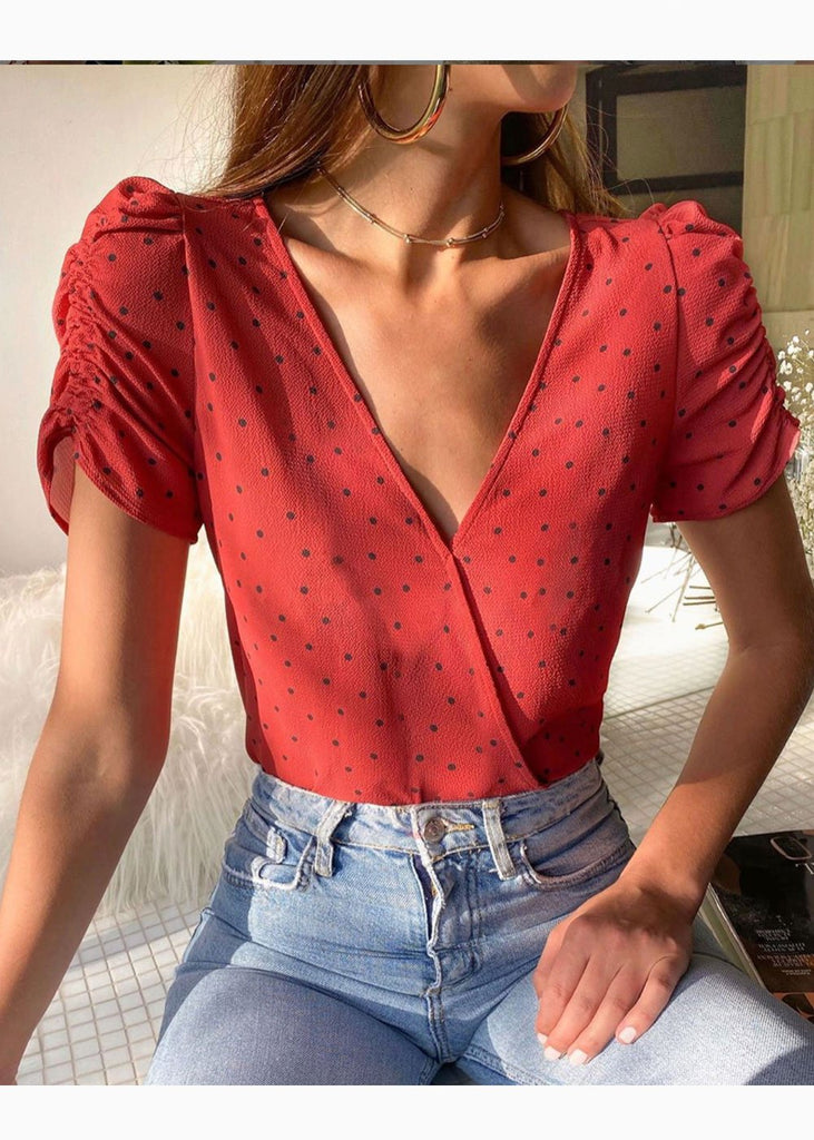 Blusa manga corta con estampado de puntos y escote cruzado para mujer - Flashy