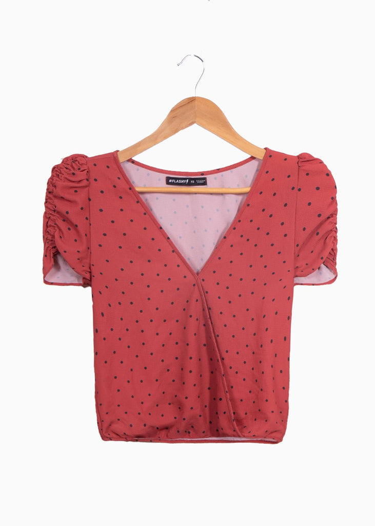 Blusa manga corta con estampado de puntos y escote cruzado para mujer - Flashy
