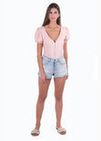 Blusa manga corta con perlas para mujer - Flashy