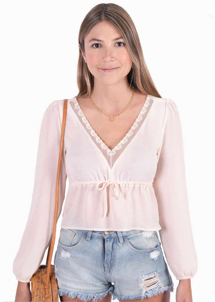 Blusa manga larga con bordado en escote para mujer - Flashy