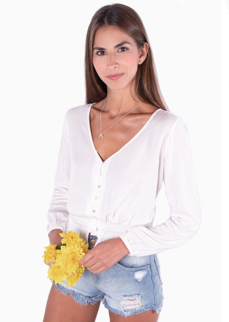 Blusa manga larga con botones y resorte para mujer - Flashy