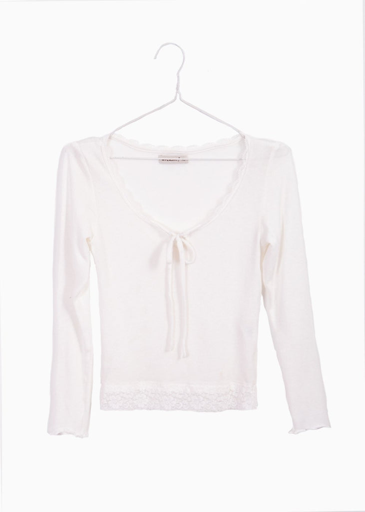 Blusa manga larga con cinta y encaje en escote para mujer - Flashy
