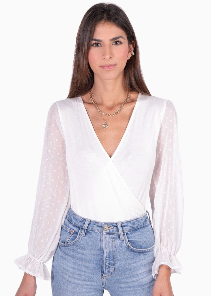 Blusa manga larga con escote cruzado y mangas en transparencia para mujer - Flashy