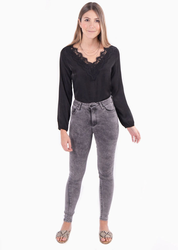 Blusa manga larga con escote de encaje para mujer - Flashy