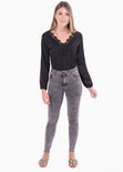 Blusa manga larga con escote de encaje para mujer - Flashy