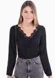 Blusa manga larga con escote de encaje para mujer - Flashy