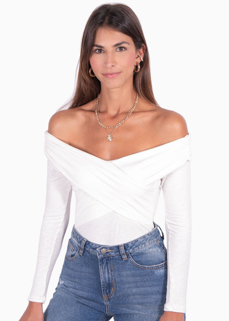 Blusa manga larga con escote off shoulder cruzado color blanco para mujer - Flashy