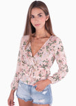 Blusa manga larga con estampado de flores y escote cruzado para mujer - Flashy