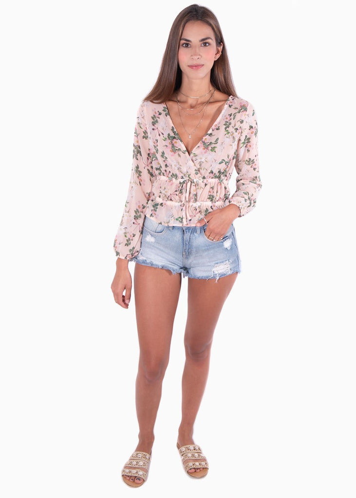 Blusa manga larga con estampado de flores y escote cruzado para mujer - Flashy