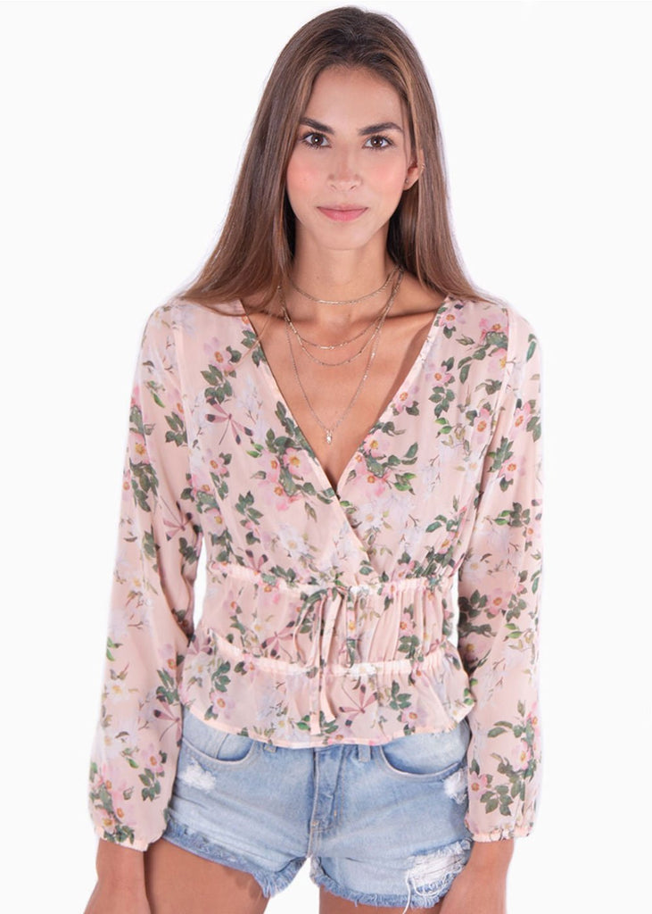 Blusa manga larga con estampado de flores y escote cruzado para mujer - Flashy
