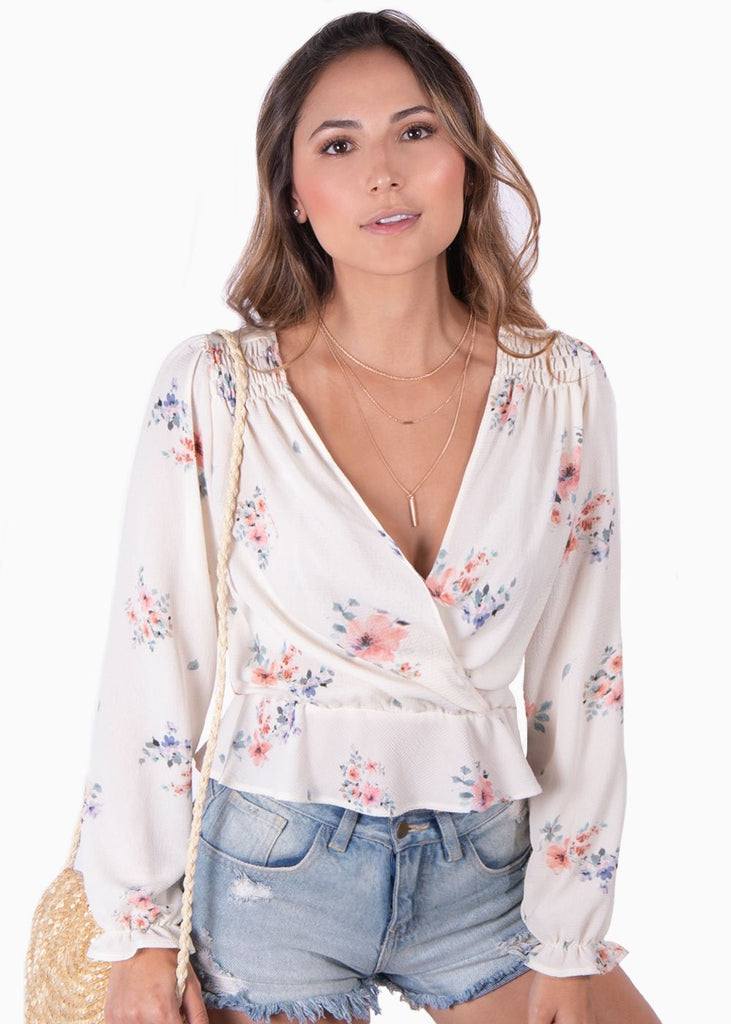 Blusa manga larga con estampado de flores y escote cruzado para mujer - Flashy