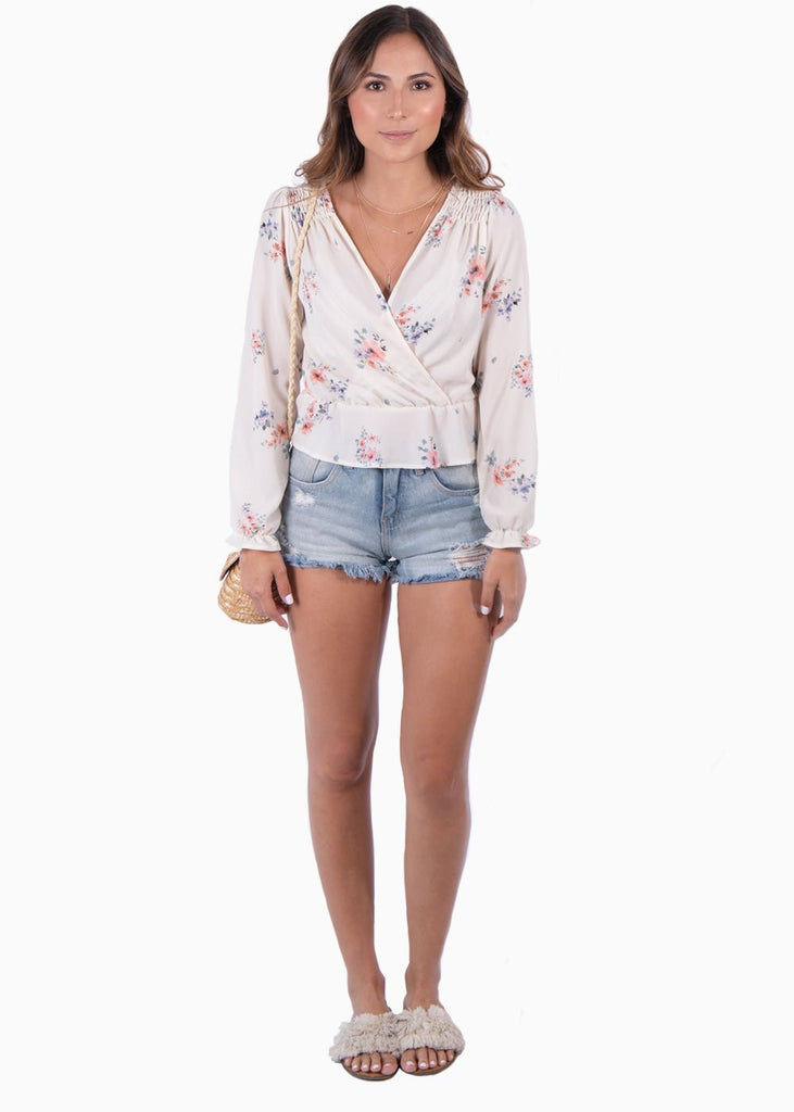 Blusa manga larga con estampado de flores y escote cruzado para mujer - Flashy