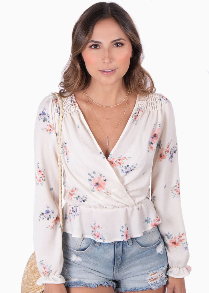 Blusa manga larga con estampado de flores y escote cruzado para mujer - Flashy