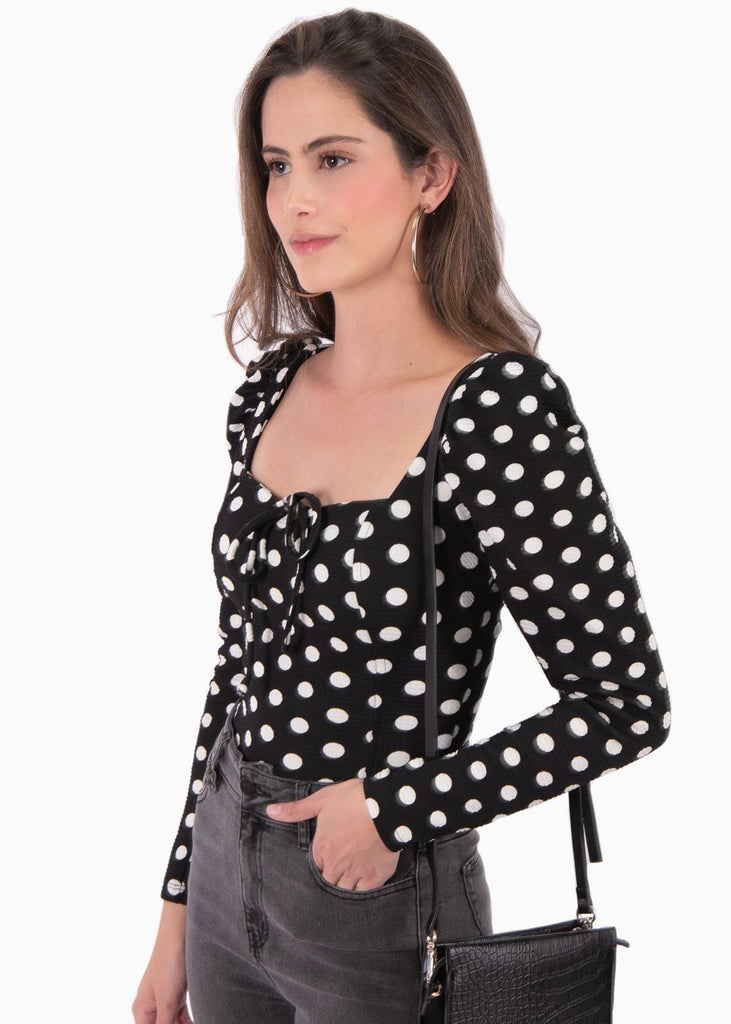 Blusa manga larga con estampado de puntos y escote cuadrado para mujer - Flashy