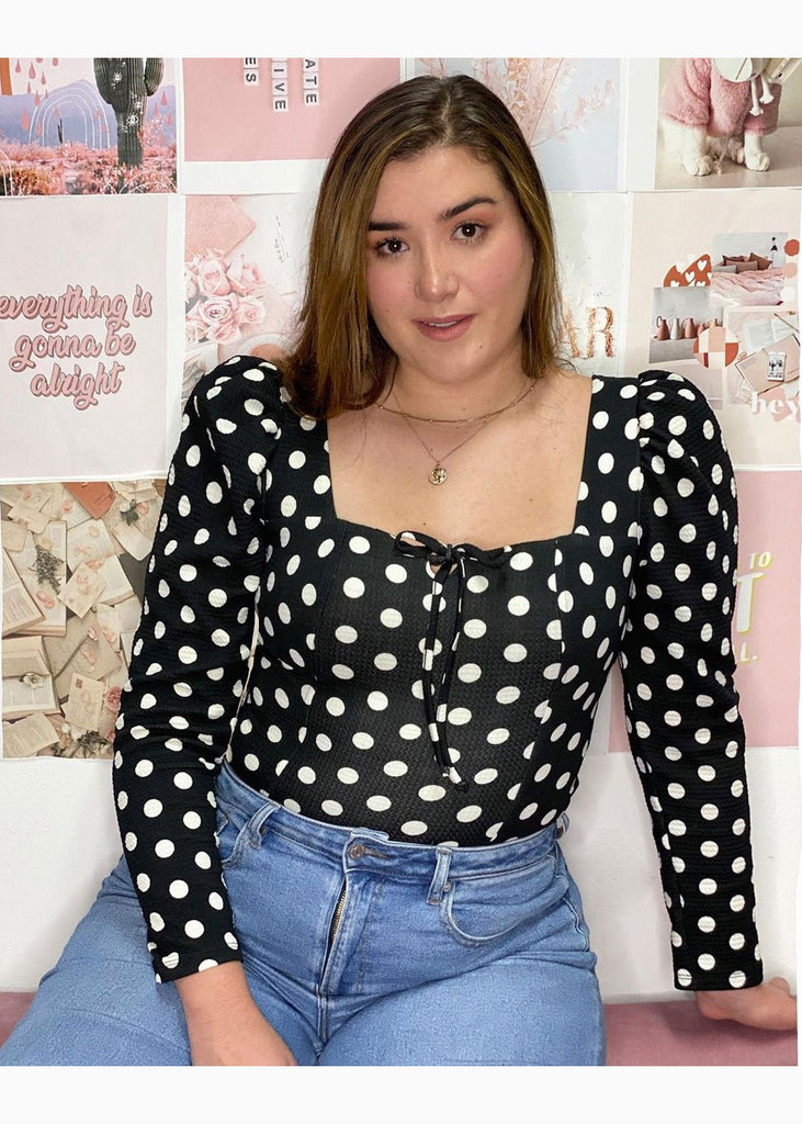 Blusa manga larga con estampado de puntos y escote cuadrado para mujer - Flashy