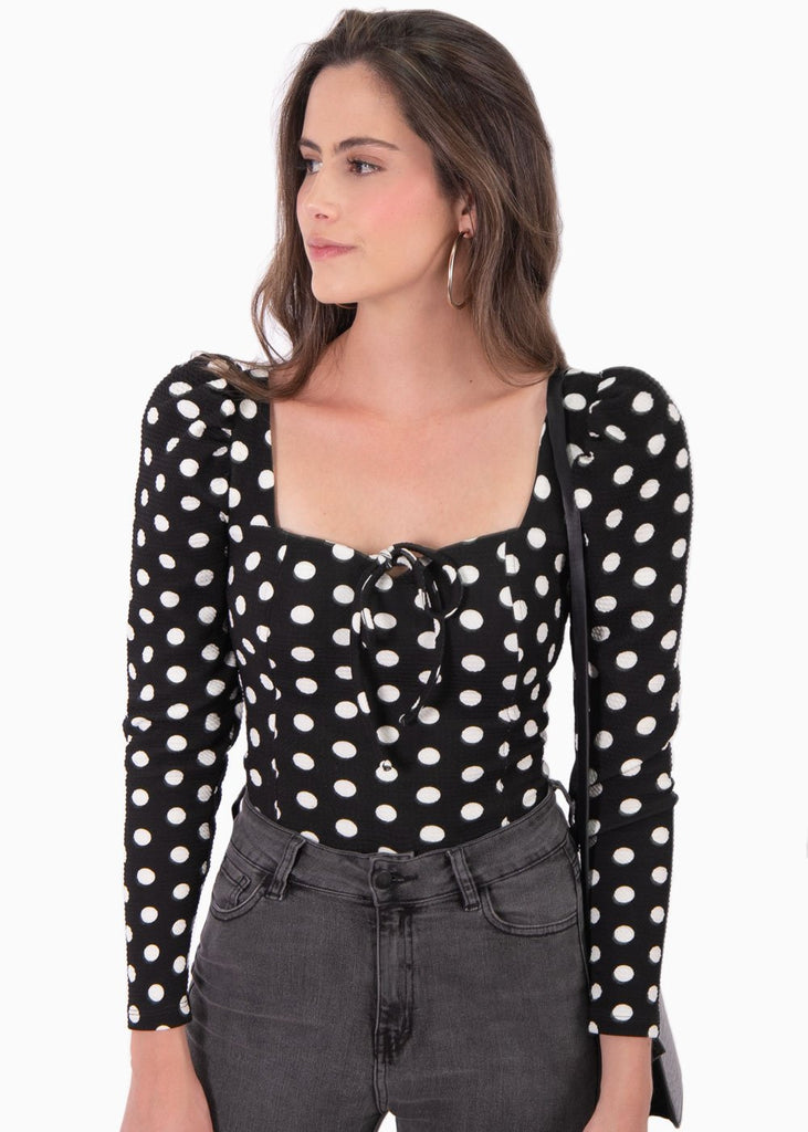 Blusa manga larga con estampado de puntos y escote cuadrado para mujer - Flashy