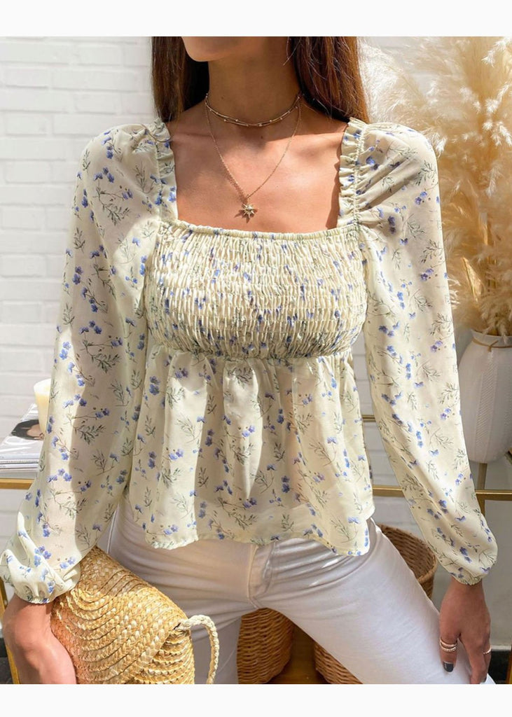 Blusa manga larga con recogido en escote para mujer - Flashy