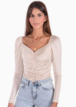 Blusa manga larga con recogido en frente para mujer - Flashy